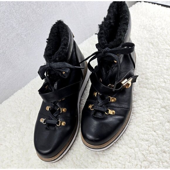Ankle Boots Urban Hiking Black Lace-Up ARI Justfab Faux Shearling Gold Tone Buck - Picture 10 of 15